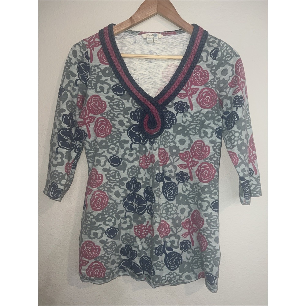 Boden GREEN/BLUE/ROSE Color Floral Braided V-Neck Tunic Top SIZE 4